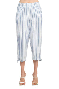 Striped Linen Pants | Elastic Waist & Tie Hem Casual Cropped Trousers with Pockets