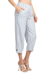 Striped Linen Pants | Elastic Waist & Tie Hem Casual Cropped Trousers with Pockets