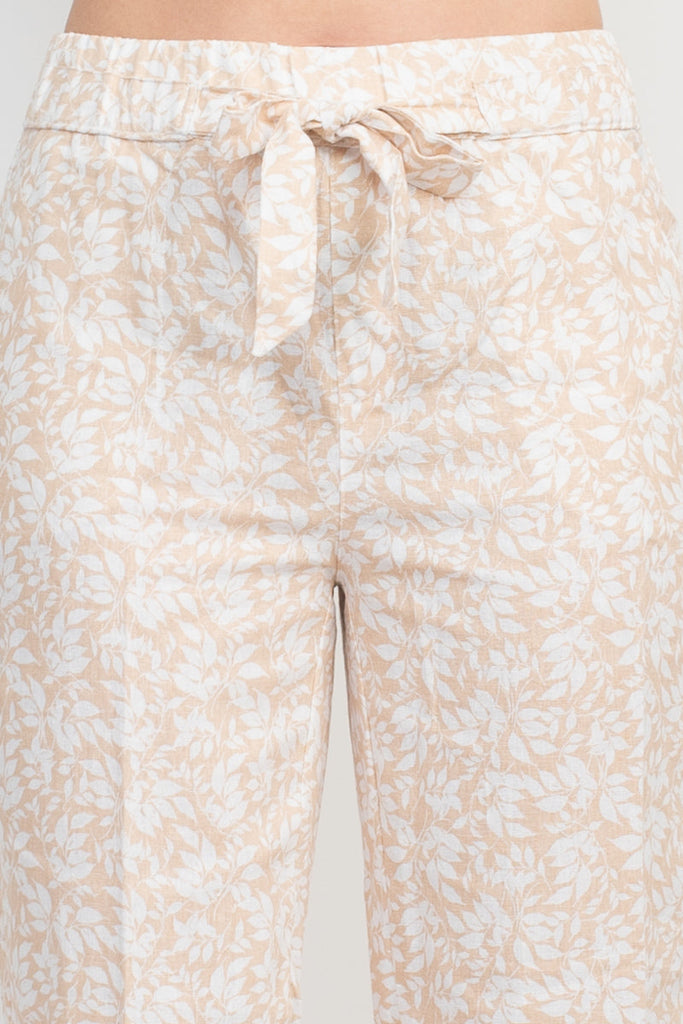 Elastic Waist Tie Linen Pants with Multi Print & Slit Hem | Lightweight Breathable Cropped Pants