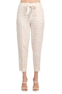 Elastic Waist Tie Linen Pants with Multi Print & Slit Hem | Lightweight Breathable Cropped Pants