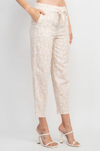Elastic Waist Tie Linen Pants with Multi Print & Slit Hem | Lightweight Breathable Cropped Pants