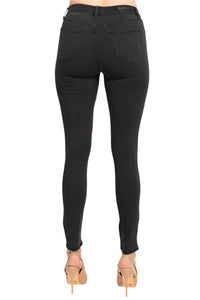 Mid-Waist Stretch Skinny Jeans | Classic Black Button & Zipper Denim Pants